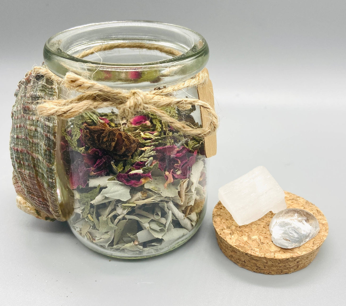Herbal Sage Smudge Jar w/ Abalone Shell & Quartz Selenite